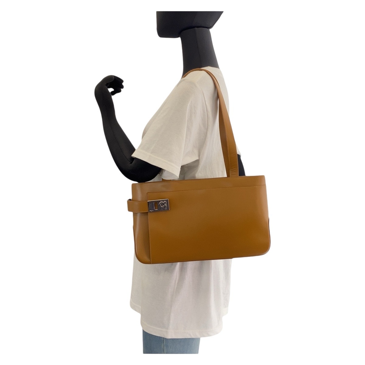 美品 ガンチーニ ライトブラウン キャメル シルバー金具 レザー トートバッグ ショルダーバッグ レディース 410064