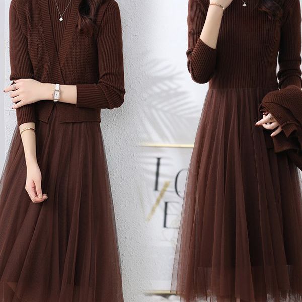 ツーピースニットワンピース秋冬レディース新作ウエスト&メッシュスカート付き長袖ニットシャツ ツーピースニットワンピース秋冬レディース新作ウエスト&メッシュスカート付き長袖ニットシャツ