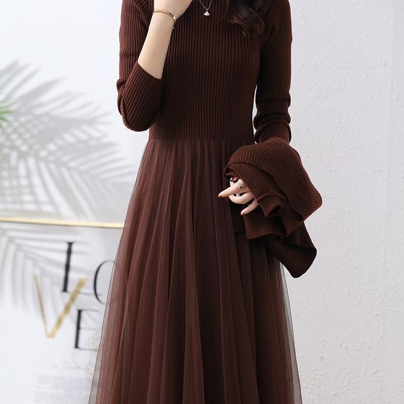 ツーピースニットワンピース秋冬レディース新作ウエスト&メッシュスカート付き長袖ニットシャツ ツーピースニットワンピース秋冬レディース新作ウエスト&メッシュスカート付き長袖ニットシャツ