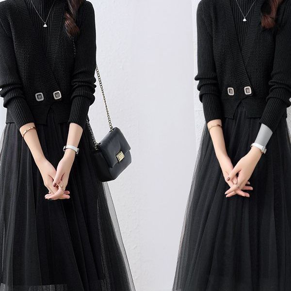 ツーピースニットワンピース秋冬レディース新作ウエスト&メッシュスカート付き長袖ニットシャツ ツーピースニットワンピース秋冬レディース新作ウエスト&メッシュスカート付き長袖ニットシャツ