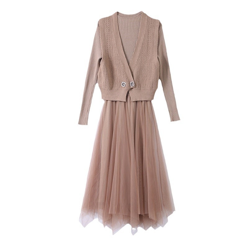 ツーピースニットワンピース秋冬レディース新作ウエスト&メッシュスカート付き長袖ニットシャツ ツーピースニットワンピース秋冬レディース新作ウエスト&メッシュスカート付き長袖ニットシャツ