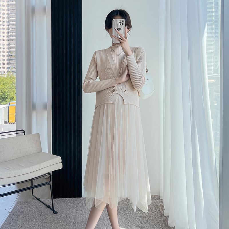 ツーピースニットワンピース秋冬レディース新作ウエスト&メッシュスカート付き長袖ニットシャツ ツーピースニットワンピース秋冬レディース新作ウエスト&メッシュスカート付き長袖ニットシャツ