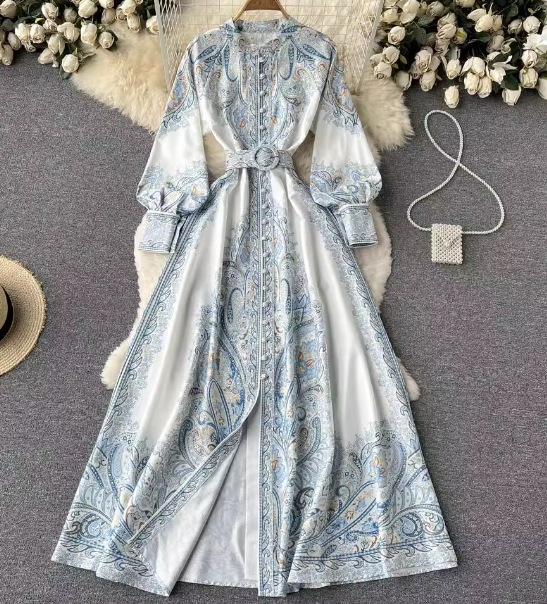 レディース ワンピース ドレス ロング 長袖 ボリューム袖 ランタンスリーブ フレア Aライン 裾ワイド ベルト ウエストマーク ハイウエスト 異国風 ボタン 大人可愛い きれいめ 上品 おしゃれ