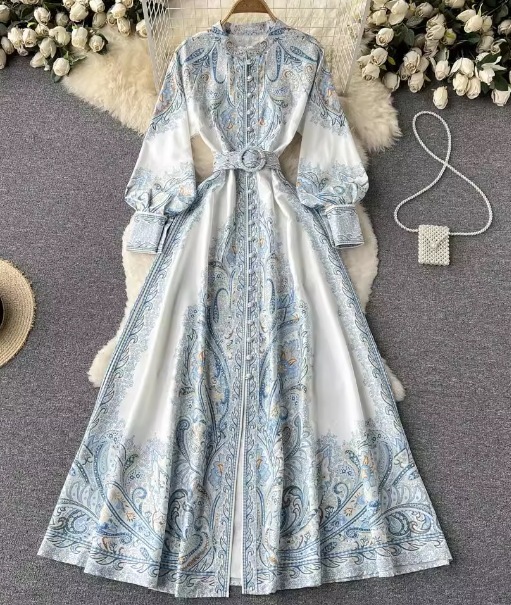 レディース ワンピース ドレス ロング 長袖 ボリューム袖 ランタンスリーブ フレア Aライン 裾ワイド ベルト ウエストマーク ハイウエスト 異国風 ボタン 大人可愛い きれいめ 上品 おしゃれ