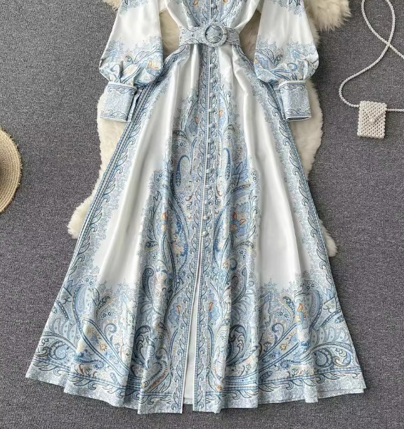 レディース ワンピース ドレス ロング 長袖 ボリューム袖 ランタンスリーブ フレア Aライン 裾ワイド ベルト ウエストマーク ハイウエスト 異国風 ボタン 大人可愛い きれいめ 上品 おしゃれ