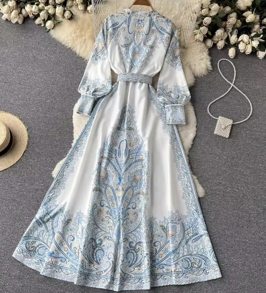 レディース ワンピース ドレス ロング 長袖 ボリューム袖 ランタンスリーブ フレア Aライン 裾ワイド ベルト ウエストマーク ハイウエスト 異国風 ボタン 大人可愛い きれいめ 上品 おしゃれ