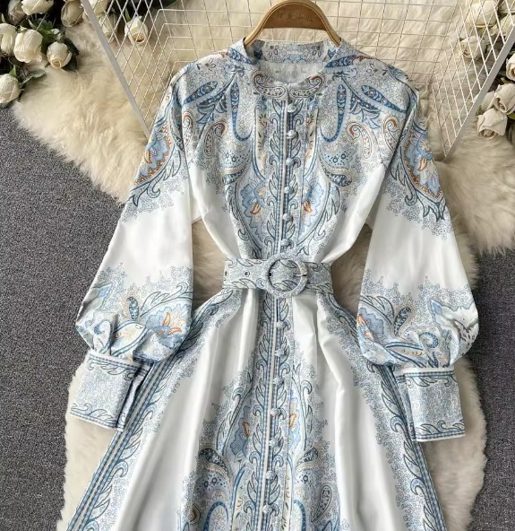 レディース ワンピース ドレス ロング 長袖 ボリューム袖 ランタンスリーブ フレア Aライン 裾ワイド ベルト ウエストマーク ハイウエスト 異国風 ボタン 大人可愛い きれいめ 上品 おしゃれ