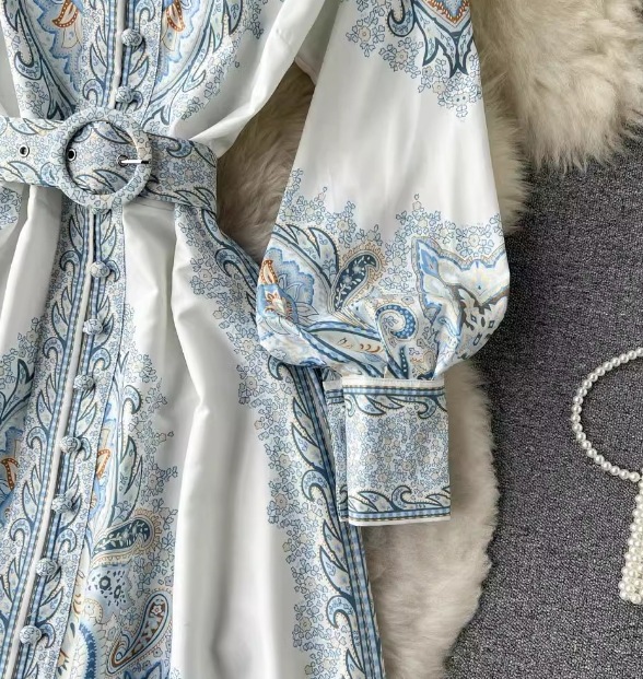 レディース ワンピース ドレス ロング 長袖 ボリューム袖 ランタンスリーブ フレア Aライン 裾ワイド ベルト ウエストマーク ハイウエスト 異国風 ボタン 大人可愛い きれいめ 上品 おしゃれ