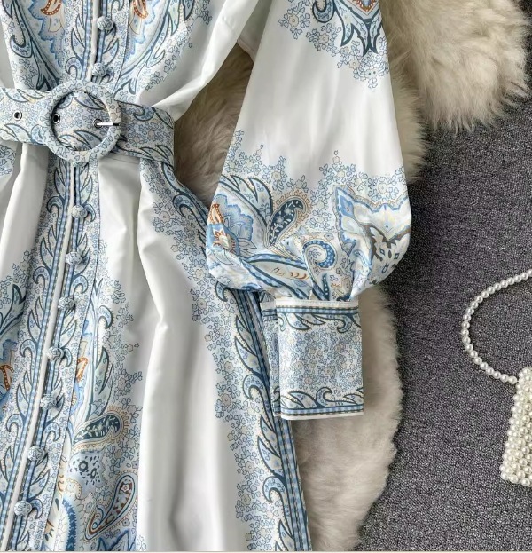 レディース ワンピース ドレス ロング 長袖 ボリューム袖 ランタンスリーブ フレア Aライン 裾ワイド ベルト ウエストマーク ハイウエスト 異国風 ボタン 大人可愛い きれいめ 上品 おしゃれ