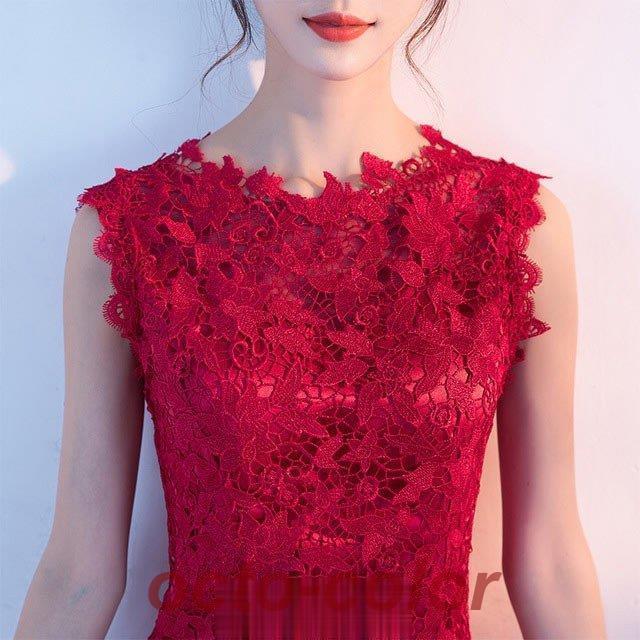 結婚式ドレス レース ワイン赤 ゲストドレス ノースリーブ 5分袖 2タイプ 赤 レースドレス ミモレ丈 パーティードレス 二次会 お呼ばれドレス