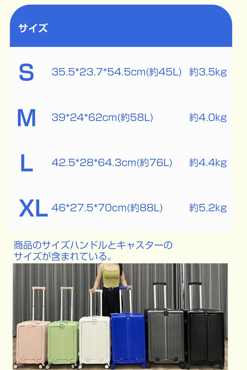 スーツケース キャリーバッグ キャリーケース 多機能フロントオープン ダイヤルロック360度回転キャスター USBポット付き スクラブ質感 カップホルダー ファスナー式 修学旅行 海外旅行