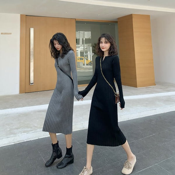 Qoo10] リブ ニットワンピース タイト ワンピ