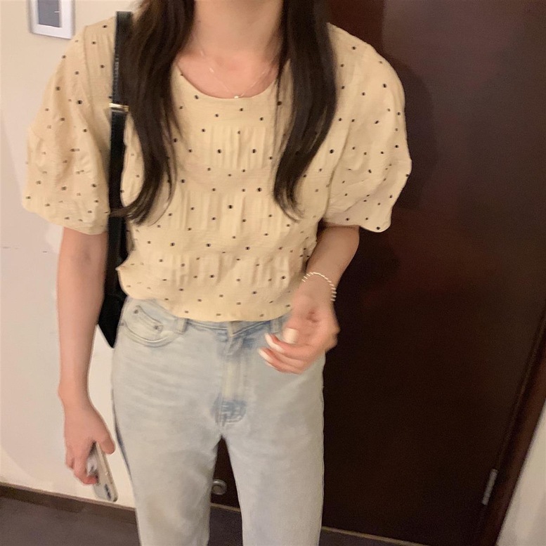 ブラウス トップス ドットパフブラウス レディース シフォンブラウス シャツ ドット柄 パフスリーブ 半袖 ラウンドネック ベージュ オフィス オシャレ シアー シンプル きちんと感 可愛い キレイめ