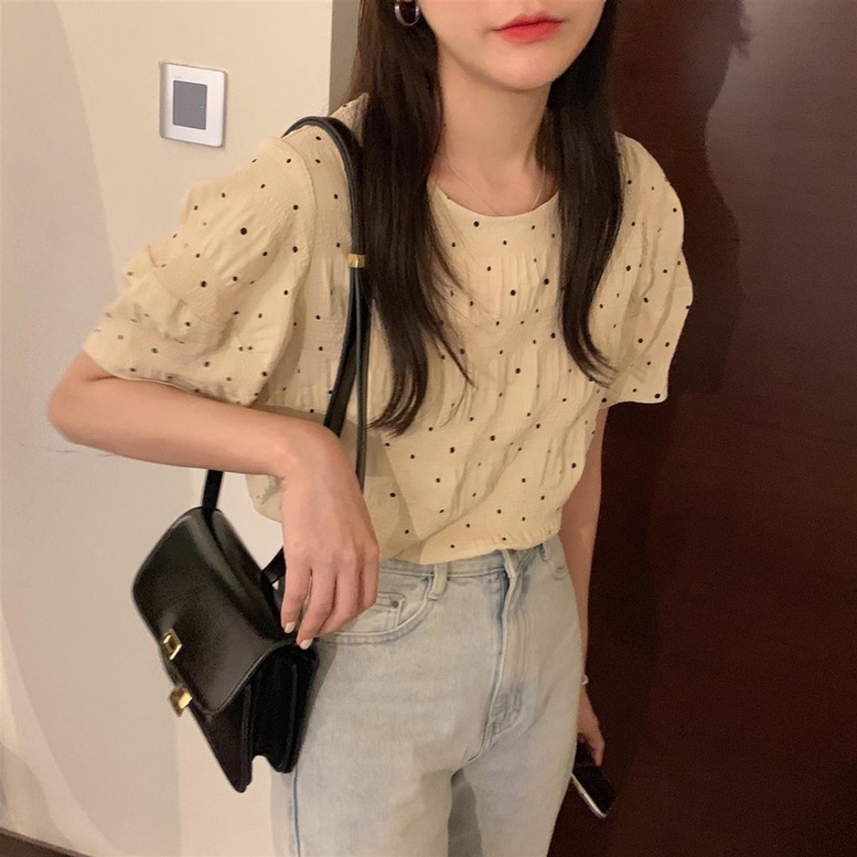 ブラウス トップス ドットパフブラウス レディース シフォンブラウス シャツ ドット柄 パフスリーブ 半袖 ラウンドネック ベージュ オフィス オシャレ シアー シンプル きちんと感 可愛い キレイめ
