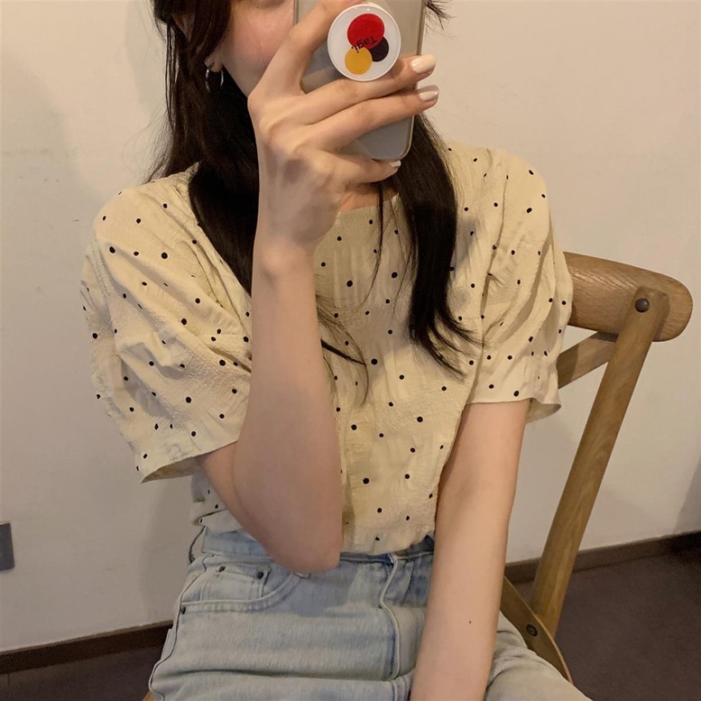 ブラウス トップス ドットパフブラウス レディース シフォンブラウス シャツ ドット柄 パフスリーブ 半袖 ラウンドネック ベージュ オフィス オシャレ シアー シンプル きちんと感 可愛い キレイめ