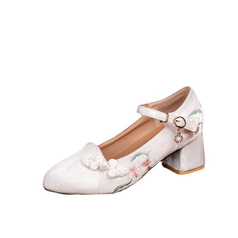 チャイナ ドレス靴ハイヒール中華民国スタイル刺繍靴オール マッチ レトロ パール気質ポインテッド トゥ バックル シングル シューズ女性 母の日 母の日-0008999