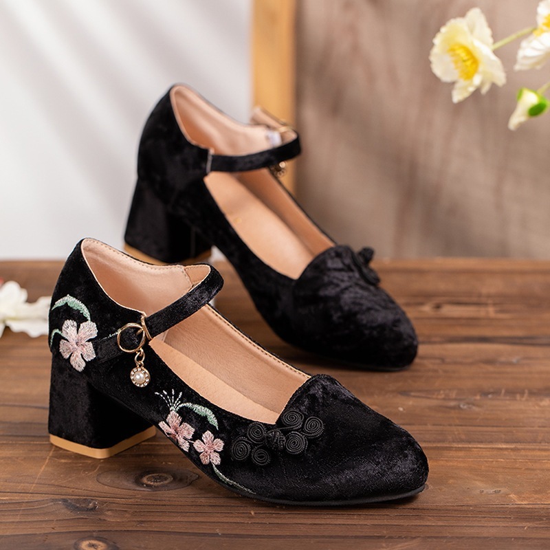 チャイナ ドレス靴ハイヒール中華民国スタイル刺繍靴オール マッチ レトロ パール気質ポインテッド トゥ バックル シングル シューズ女性 母の日 母の日-0008999