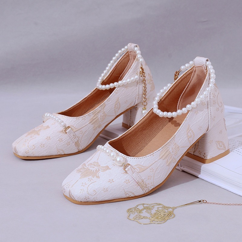 チャイナ ドレス靴ハイヒール中華民国スタイル刺繍靴オール マッチ レトロ パール気質ポインテッド トゥ バックル シングル シューズ女性 母の日 母の日-0008999