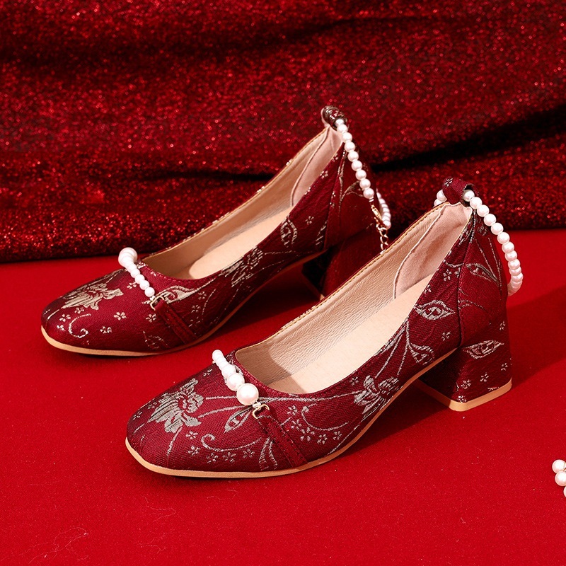 チャイナ ドレス靴ハイヒール中華民国スタイル刺繍靴オール マッチ レトロ パール気質ポインテッド トゥ バックル シングル シューズ女性 母の日 母の日-0008999