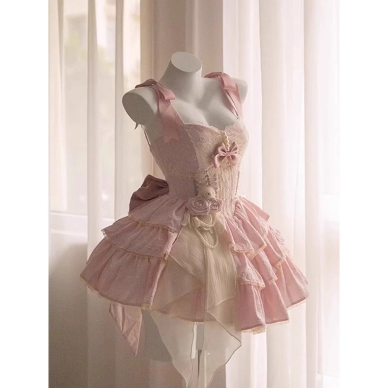 【急速発送】ピンクロリータバレエ風三段犬ショートロリータjskワンピース秋の万能アイテム