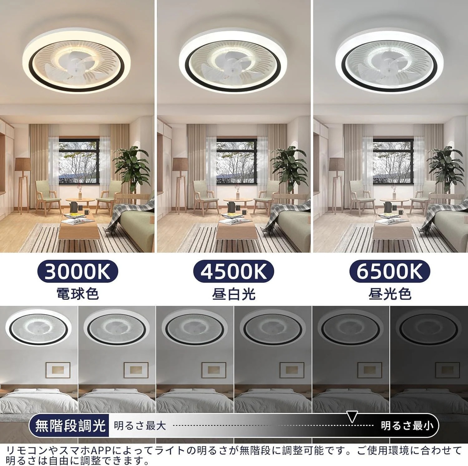シーリングファンライト LED シーリングライト 調光調色 ファン 50cm 扇風機 APPリモコン遠隔操作 LED天井ライト 風量 6階段調整 ナイトライト付き ファン付き照明 正逆回転切り替え 照