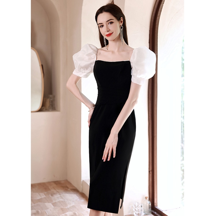 送料無料 結婚式ドレス 二次会ドレス 黒 パール エレガント ワンピースドレス フォーマル タイトドレス スリット パフスリーブ 優雅 セクシー ミディアム丈ドレス ブラック イブニングドレス 20代 送料無料 結婚式ドレス 二次会ドレス 黒 パール エレガント ワンピースドレス フォーマル タイトドレス スリット パフスリーブ 優雅 セクシー ミディアム丈ドレス ブラック イブニングドレス 20代