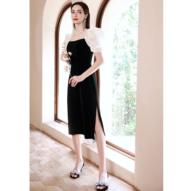 送料無料 結婚式ドレス 二次会ドレス 黒 パール エレガント ワンピースドレス フォーマル タイトドレス スリット パフスリーブ 優雅 セクシー ミディアム丈ドレス ブラック イブニングドレス 20代 送料無料 結婚式ドレス 二次会ドレス 黒 パール エレガント ワンピースドレス フォーマル タイトドレス スリット パフスリーブ 優雅 セクシー ミディアム丈ドレス ブラック イブニングドレス 20代