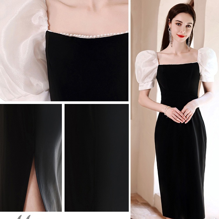 送料無料 結婚式ドレス 二次会ドレス 黒 パール エレガント ワンピースドレス フォーマル タイトドレス スリット パフスリーブ 優雅 セクシー ミディアム丈ドレス ブラック イブニングドレス 20代 送料無料 結婚式ドレス 二次会ドレス 黒 パール エレガント ワンピースドレス フォーマル タイトドレス スリット パフスリーブ 優雅 セクシー ミディアム丈ドレス ブラック イブニングドレス 20代