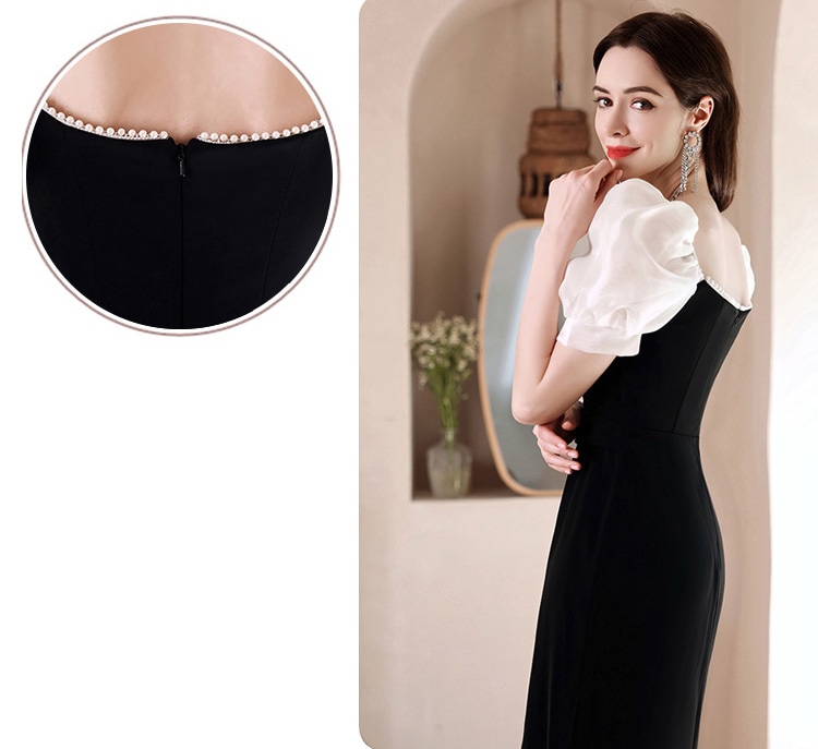 送料無料 結婚式ドレス 二次会ドレス 黒 パール エレガント ワンピースドレス フォーマル タイトドレス スリット パフスリーブ 優雅 セクシー ミディアム丈ドレス ブラック イブニングドレス 20代 送料無料 結婚式ドレス 二次会ドレス 黒 パール エレガント ワンピースドレス フォーマル タイトドレス スリット パフスリーブ 優雅 セクシー ミディアム丈ドレス ブラック イブニングドレス 20代