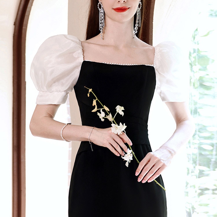 送料無料 結婚式ドレス 二次会ドレス 黒 パール エレガント ワンピースドレス フォーマル タイトドレス スリット パフスリーブ 優雅 セクシー ミディアム丈ドレス ブラック イブニングドレス 20代 送料無料 結婚式ドレス 二次会ドレス 黒 パール エレガント ワンピースドレス フォーマル タイトドレス スリット パフスリーブ 優雅 セクシー ミディアム丈ドレス ブラック イブニングドレス 20代