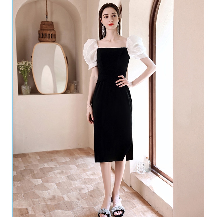 送料無料 結婚式ドレス 二次会ドレス 黒 パール エレガント ワンピースドレス フォーマル タイトドレス スリット パフスリーブ 優雅 セクシー ミディアム丈ドレス ブラック イブニングドレス 20代 送料無料 結婚式ドレス 二次会ドレス 黒 パール エレガント ワンピースドレス フォーマル タイトドレス スリット パフスリーブ 優雅 セクシー ミディアム丈ドレス ブラック イブニングドレス 20代