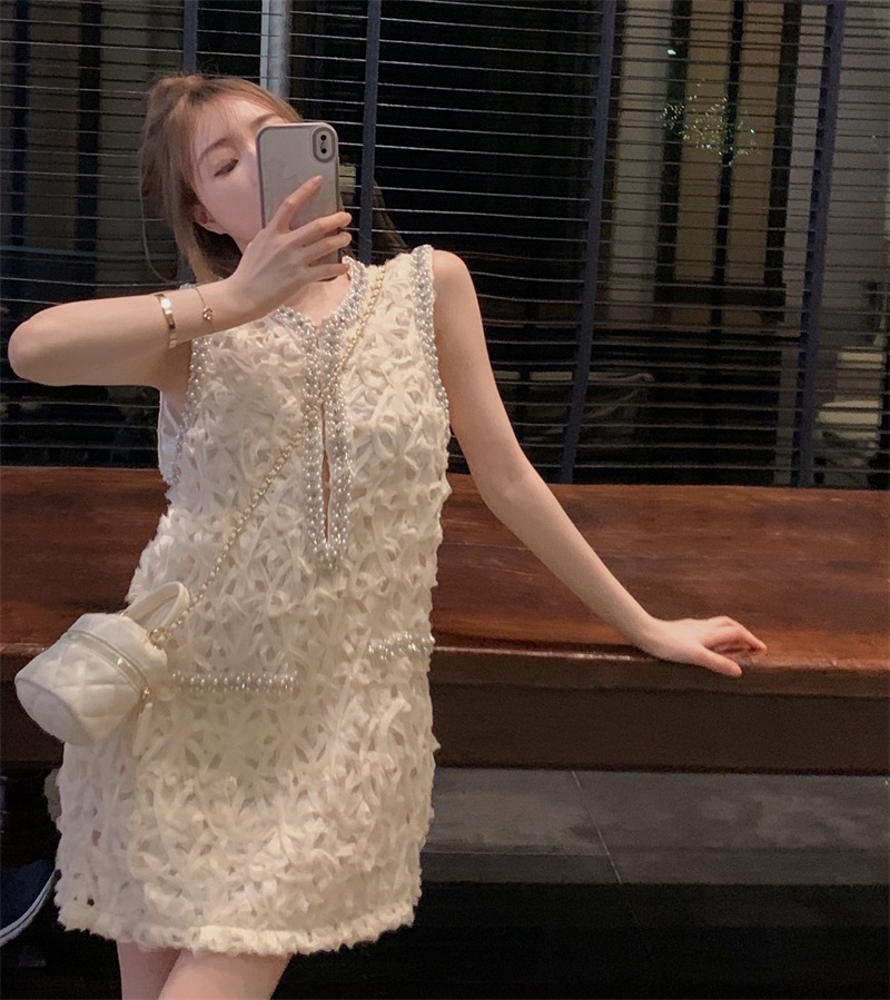 小さな香水スタイルセレブベストドレスレディース夏のスカート重lい真珠の気質シニアのワードセンスの短いスカート