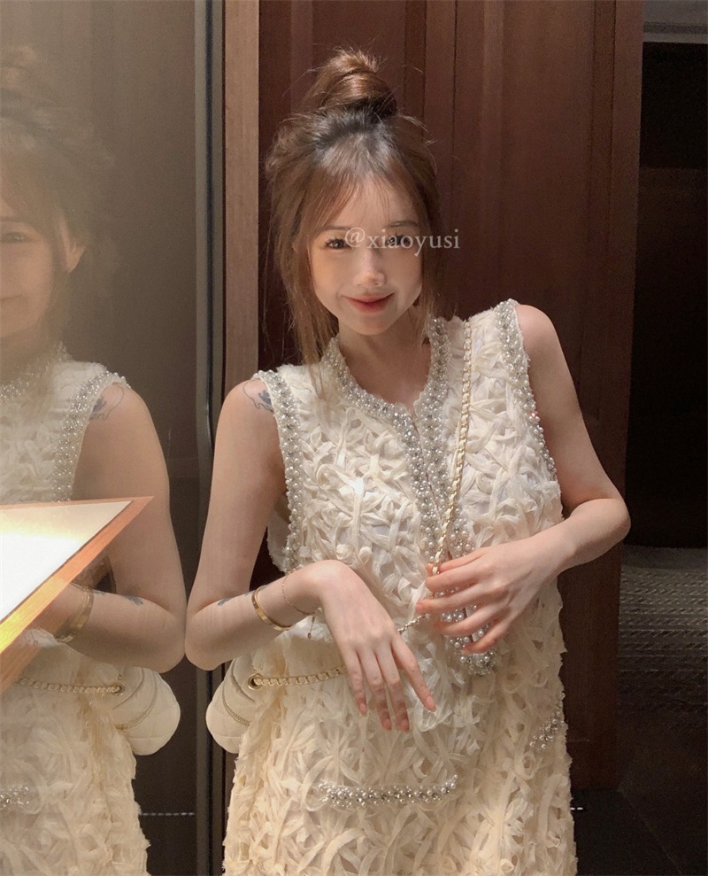 小さな香水スタイルセレブベストドレスレディース夏のスカート重lい真珠の気質シニアのワードセンスの短いスカート