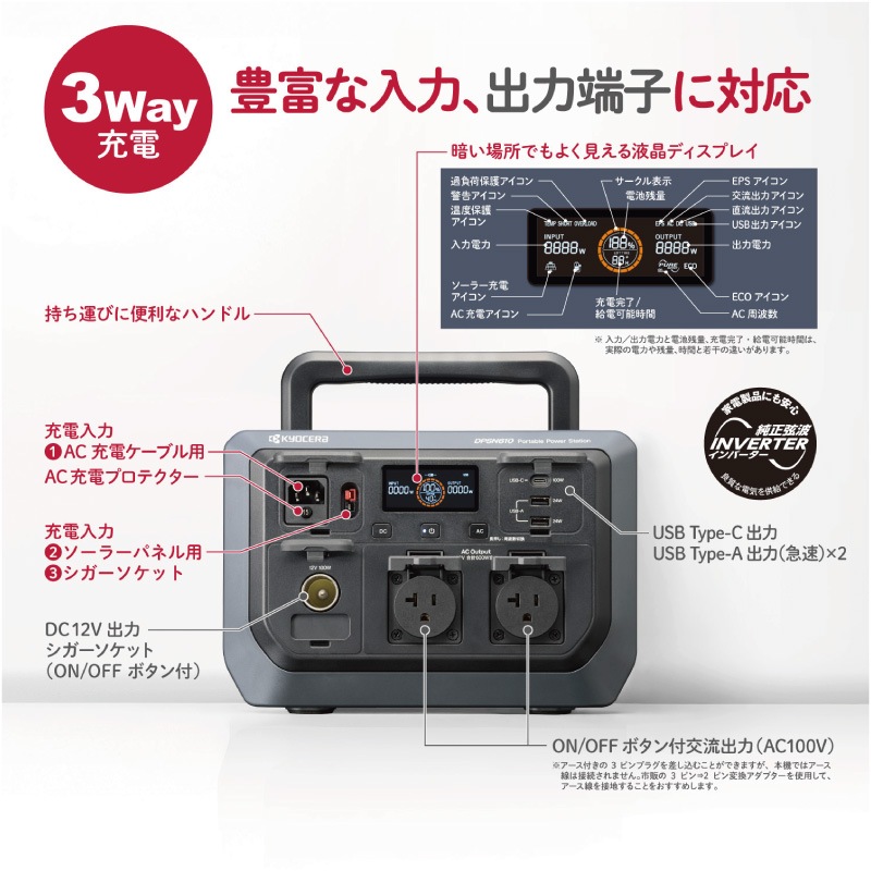 京セラ KYOCERA ポータブル電源 DPSN610 600W リン酸鉄リチウム電池 急速充電 純正弦波 防災_2