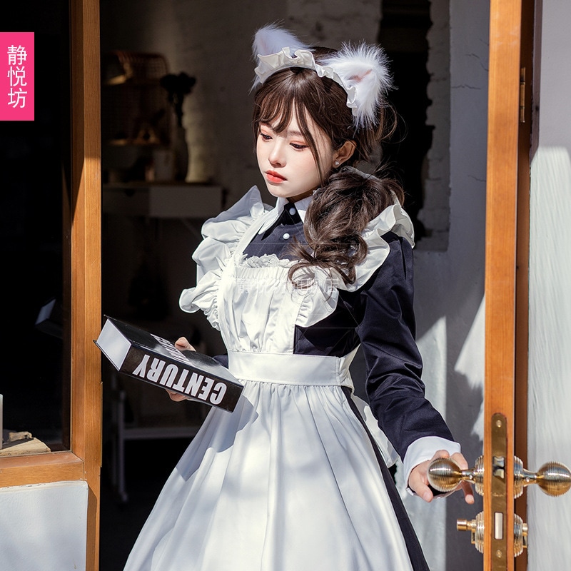 日本のメイド衣装メイド衣装黒ロングスカート柔らかい妹ロリータ長袖ロリータロリータドレスメイド衣装