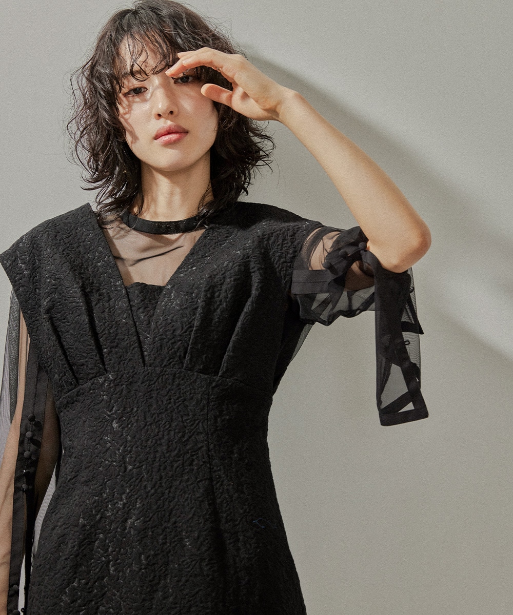 V line ジャガードドレス パーティードレス 結婚式 ワンピース ジャンスカ Iライン スカート シアーブラウス スリットスリーブ セット お呼ばれ パーティー 二次会 披露宴 謝恩会 成人式