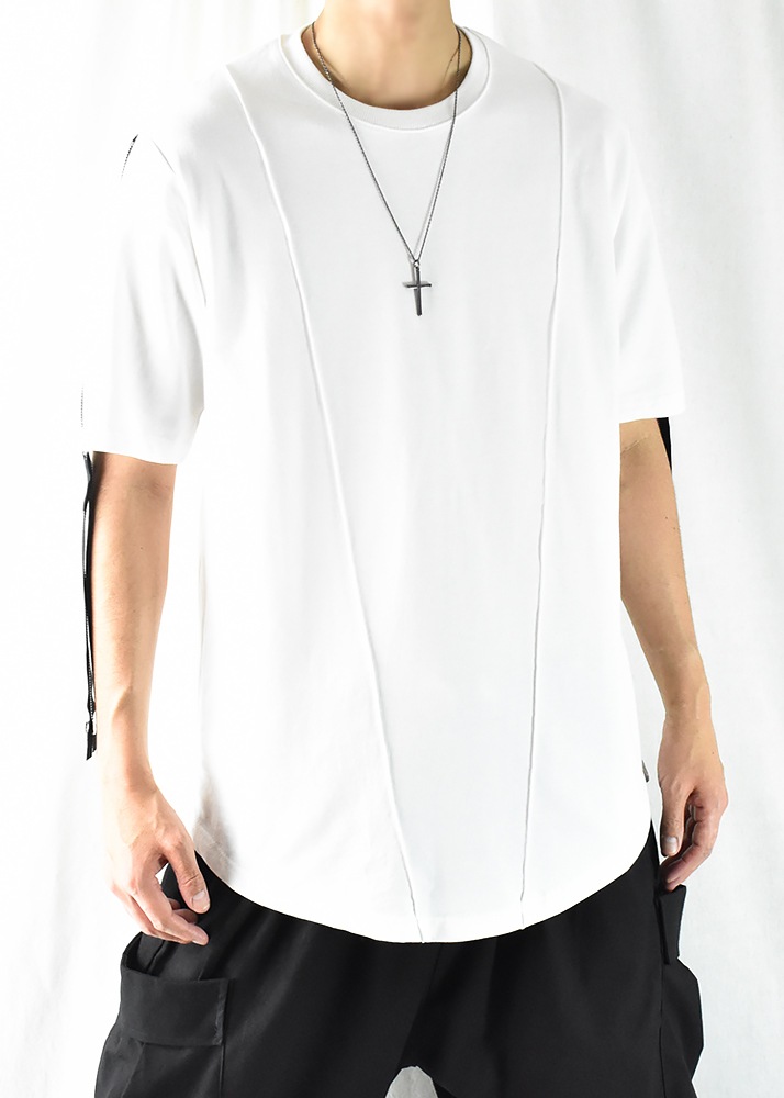 サイバーパンク 服 Tシャツ メンズ 半袖 綿100% 薄手 スウェットライク ミニ裏毛 裾ZIPライン クルーネック 丸首 トップス カットソー ラウンドカット 無地 ストリート系 モード系