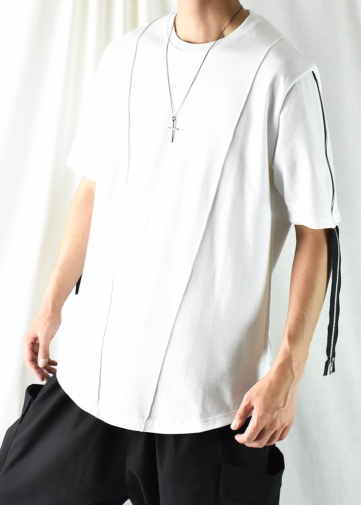 サイバーパンク 服 Tシャツ メンズ 半袖 綿100% 薄手 スウェットライク ミニ裏毛 裾ZIPライン クルーネック 丸首 トップス カットソー ラウンドカット 無地 ストリート系 モード系