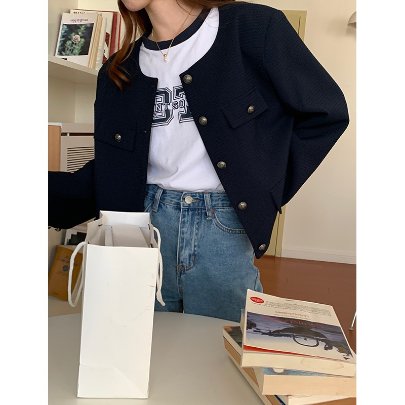 春丸首ブレストジャケット純色肌理感濃紺小香コート