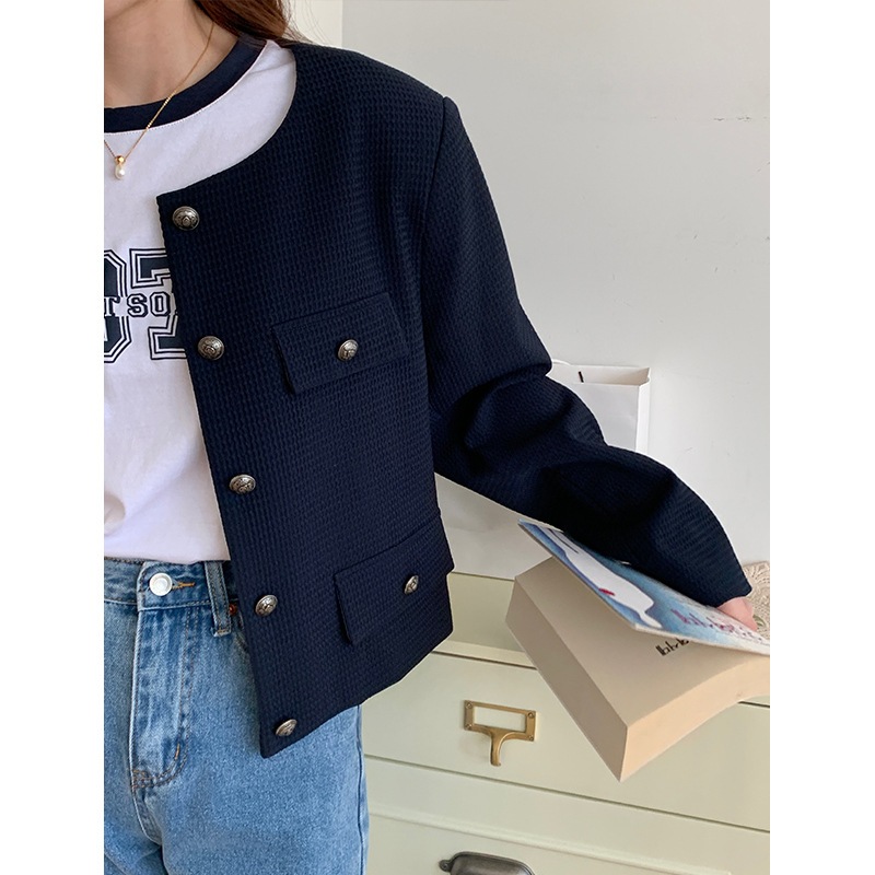 春丸首ブレストジャケット純色肌理感濃紺小香コート