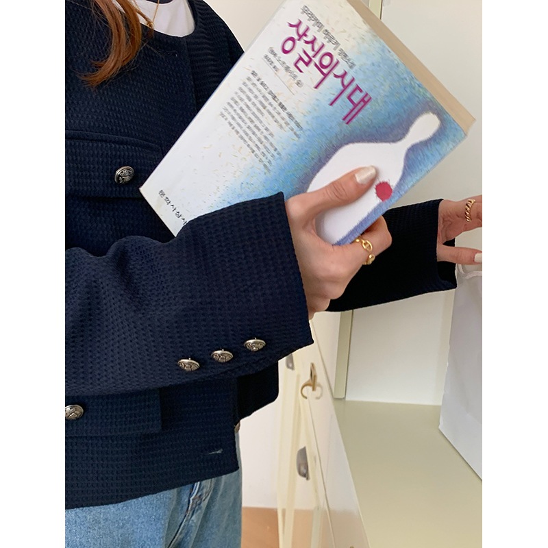 春丸首ブレストジャケット純色肌理感濃紺小香コート