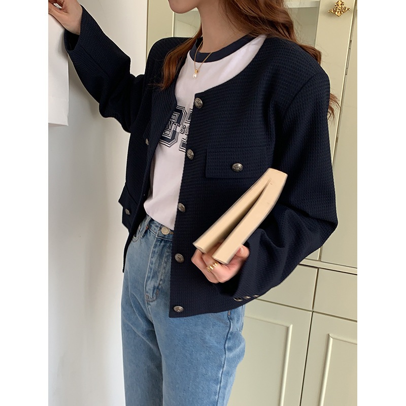 春丸首ブレストジャケット純色肌理感濃紺小香コート