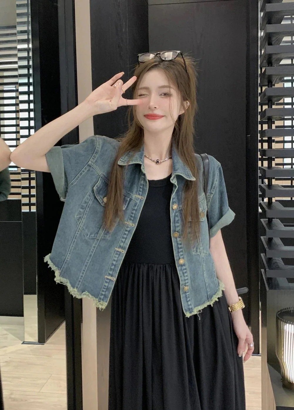 【急速出荷!】デニムジャケット半袖ジャケット+ワンピース女性レギンスの上に着 【急速出荷!】デニムジャケット半袖ジャケット+ワンピース女性レギンスの上に着