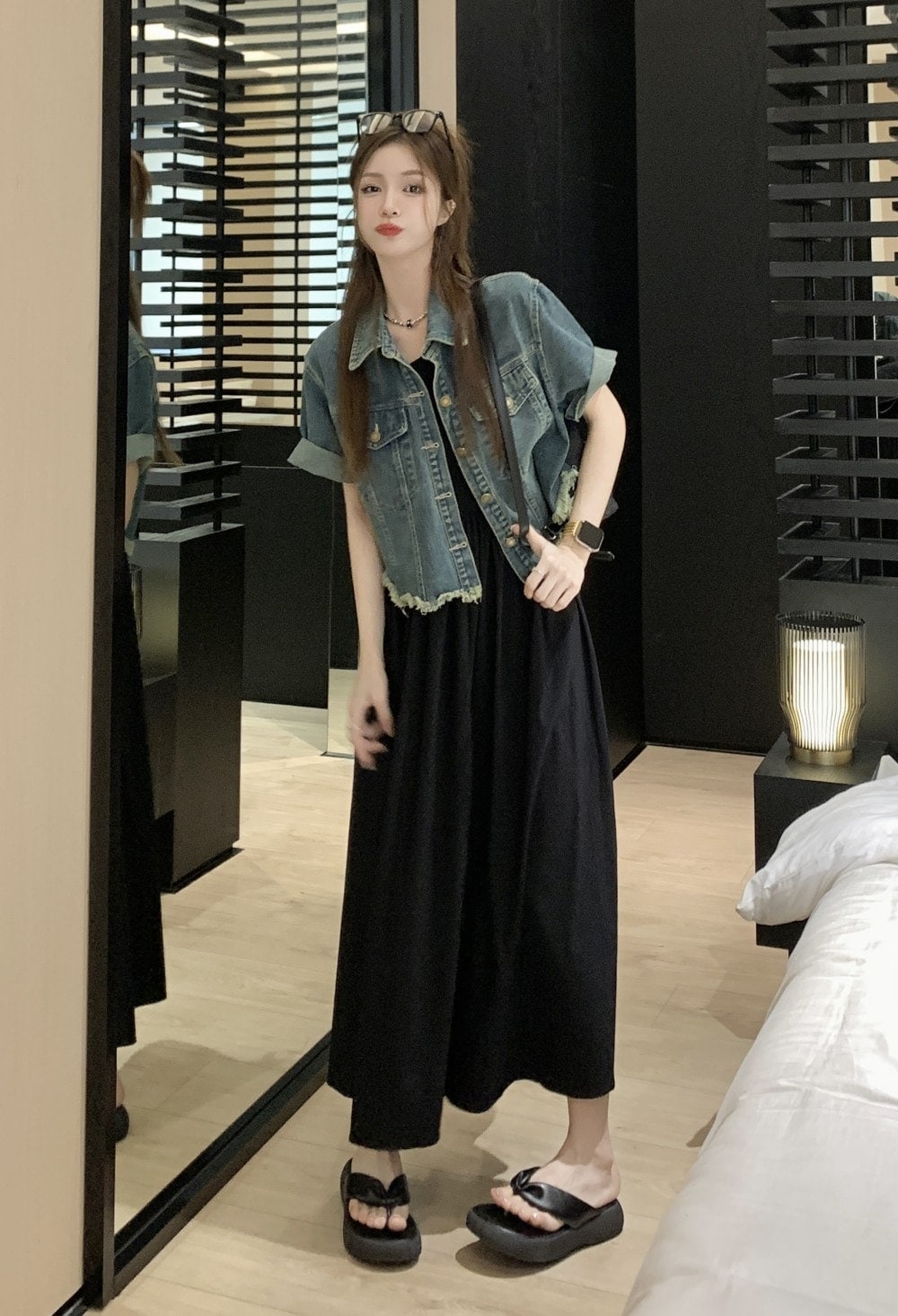 【急速出荷!】デニムジャケット半袖ジャケット+ワンピース女性レギンスの上に着 【急速出荷!】デニムジャケット半袖ジャケット+ワンピース女性レギンスの上に着