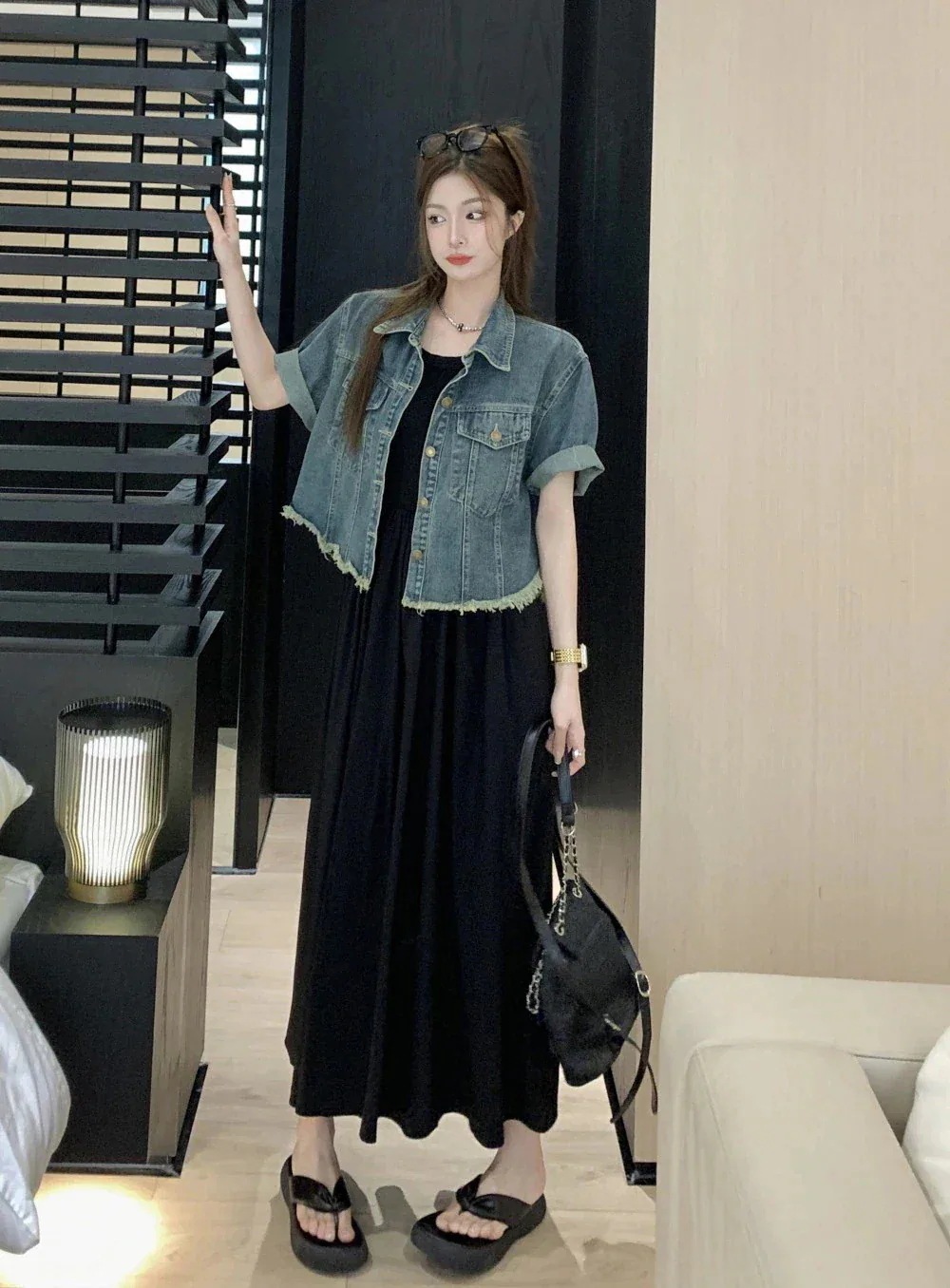 【急速出荷!】デニムジャケット半袖ジャケット+ワンピース女性レギンスの上に着 【急速出荷!】デニムジャケット半袖ジャケット+ワンピース女性レギンスの上に着