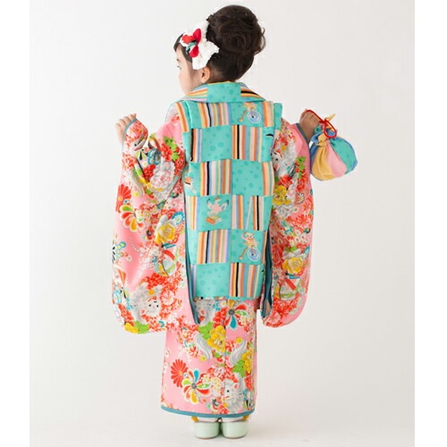 レンタル七五三 着物 3歳 レンタル 女の子 被布着物10点セットピンク地に花と犬/被布：青緑 モダンアンテナ レトロ 衣装 おすすめ レトロ おしゃれ 古典柄 安い 大正ロマン消費税込み