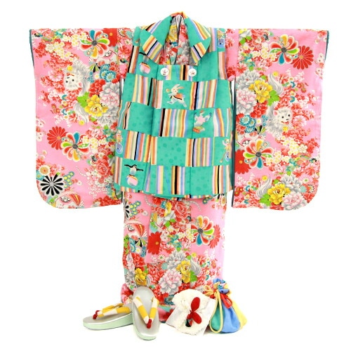 レンタル七五三 着物 3歳 レンタル 女の子 被布着物10点セットピンク地に花と犬/被布：青緑 モダンアンテナ レトロ 衣装 おすすめ レトロ おしゃれ 古典柄 安い 大正ロマン消費税込み