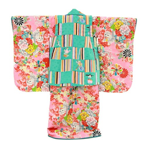 レンタル七五三 着物 3歳 レンタル 女の子 被布着物10点セットピンク地に花と犬/被布：青緑 モダンアンテナ レトロ 衣装 おすすめ レトロ おしゃれ 古典柄 安い 大正ロマン消費税込み