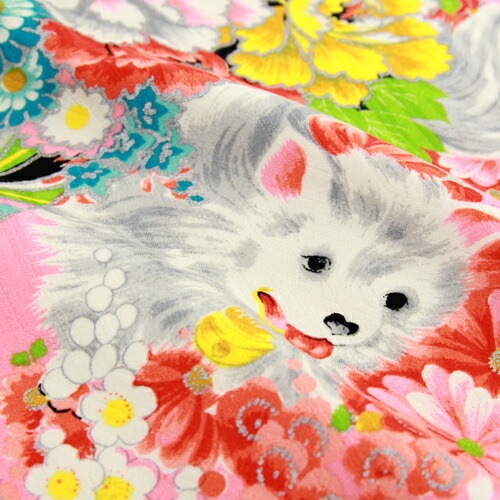 レンタル七五三 着物 3歳 レンタル 女の子 被布着物10点セットピンク地に花と犬/被布：青緑 モダンアンテナ レトロ 衣装 おすすめ レトロ おしゃれ 古典柄 安い 大正ロマン消費税込み