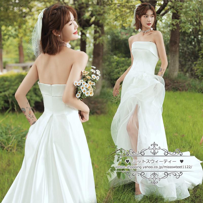 ウェディングドレス 二次会 結婚式 白 赤 ブライダル ファスナー スリット ベアトップ ビスチェ 前撮り 海外挙式 花嫁 リゾート ウエディングドレス パーティー